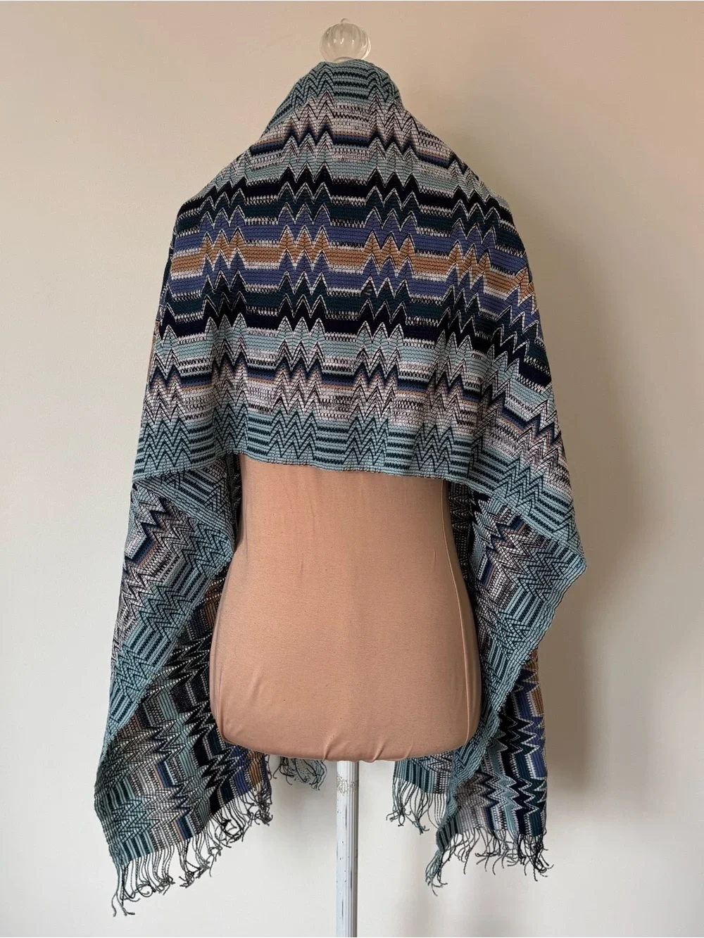 Missoni Wool ZigZag Patterned Blue Multi Fringe Edge Wrap Scarf NWOT 72.5”x16”